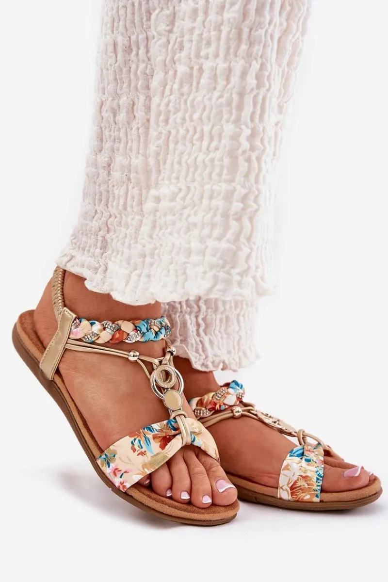 Discount Sandały Damskie Płaskie Z Plecionymi Paskiem I Ozdobą 56C1316 Złote Damskie Sandały Płaskie