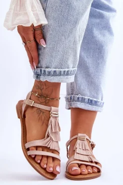 Sale Sandały Damskie Płaskie Zamszowe Boho Beżowe Lucami Damskie Sandały Płaskie