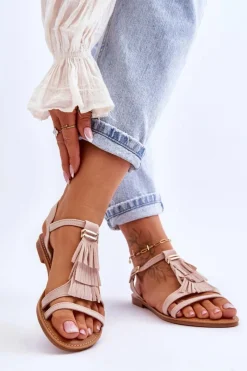 Sale Sandały Damskie Płaskie Zamszowe Boho Beżowe Lucami Damskie Sandały Płaskie