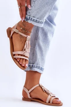 Sale Sandały Damskie Płaskie Zamszowe Boho Beżowe Lucami Damskie Sandały Płaskie