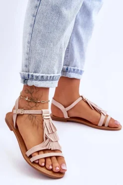 Sale Sandały Damskie Płaskie Zamszowe Boho Beżowe Lucami Damskie Sandały Płaskie