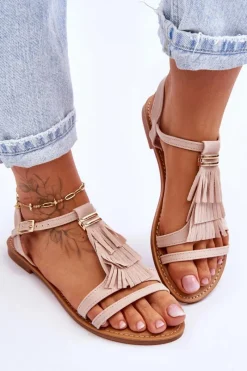 Sale Sandały Damskie Płaskie Zamszowe Boho Beżowe Lucami Damskie Sandały Płaskie