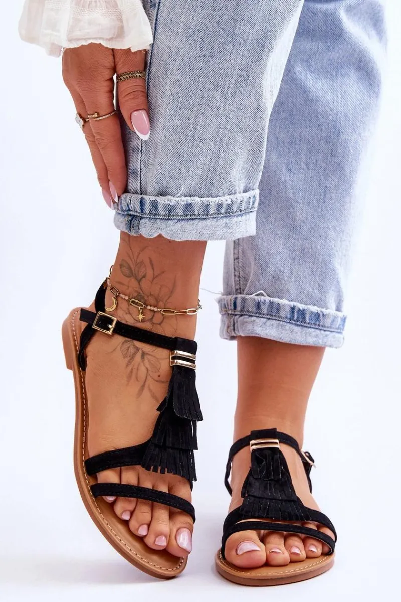 Sandały Płaskie>Boto Sandały Damskie Płaskie Zamszowe Boho Czarne Lucami