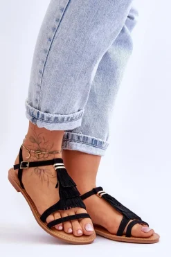 Sandały Płaskie>Boto Sandały Damskie Płaskie Zamszowe Boho Czarne Lucami