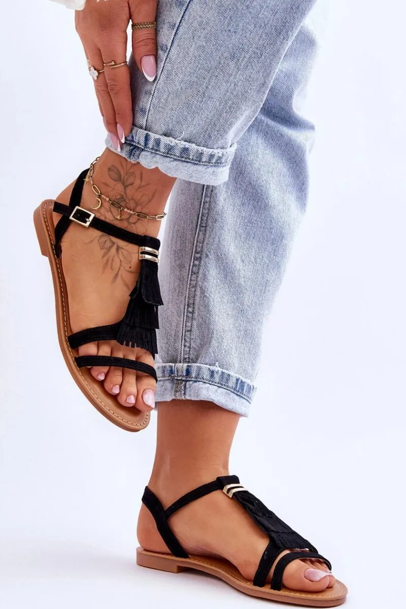 Sandały Płaskie>Boto Sandały Damskie Płaskie Zamszowe Boho Czarne Lucami