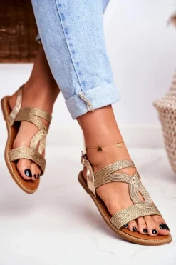 Boto Sandały Damskie Płaskie Złote Rachel