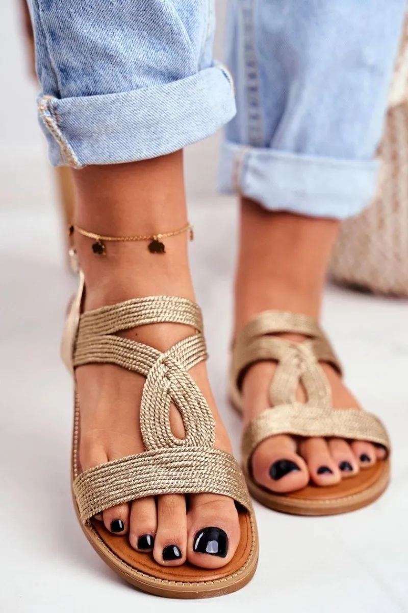 Boto Sandały Damskie Płaskie Złote Rachel