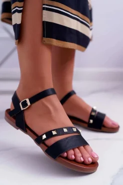 Sandały Płaskie>Damskie buty S.Barski Sandały Damskie Płaskie Złote Ćwieki Czarne Raven