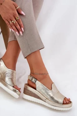 Sale Artiker Sandały Damskie Skórzane Na Koturnie 56C0920 Złote Złoty