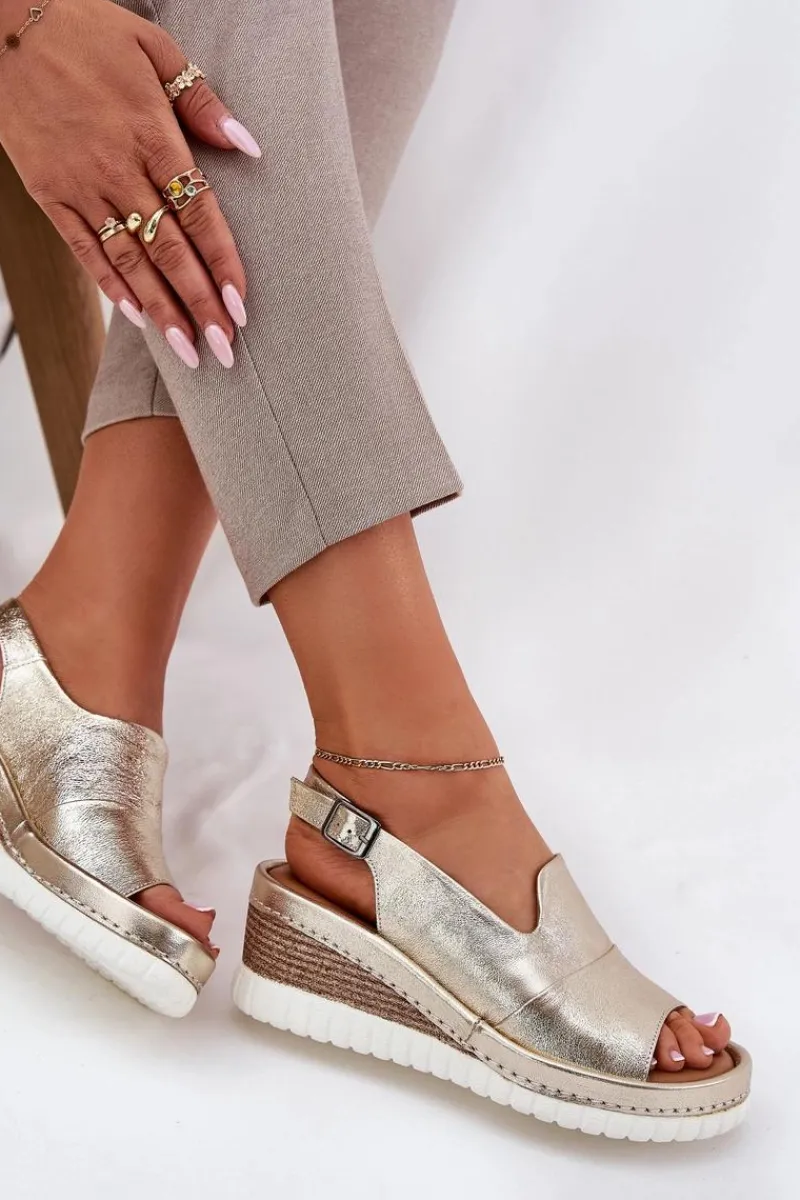 Sale Artiker Sandały Damskie Skórzane Na Koturnie 56C0920 Złote Złoty