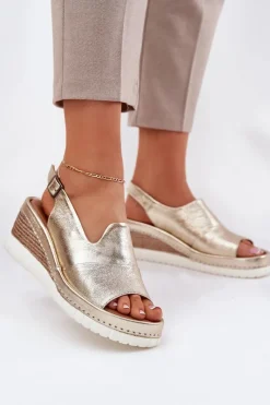 Sale Artiker Sandały Damskie Skórzane Na Koturnie 56C0920 Złote Złoty