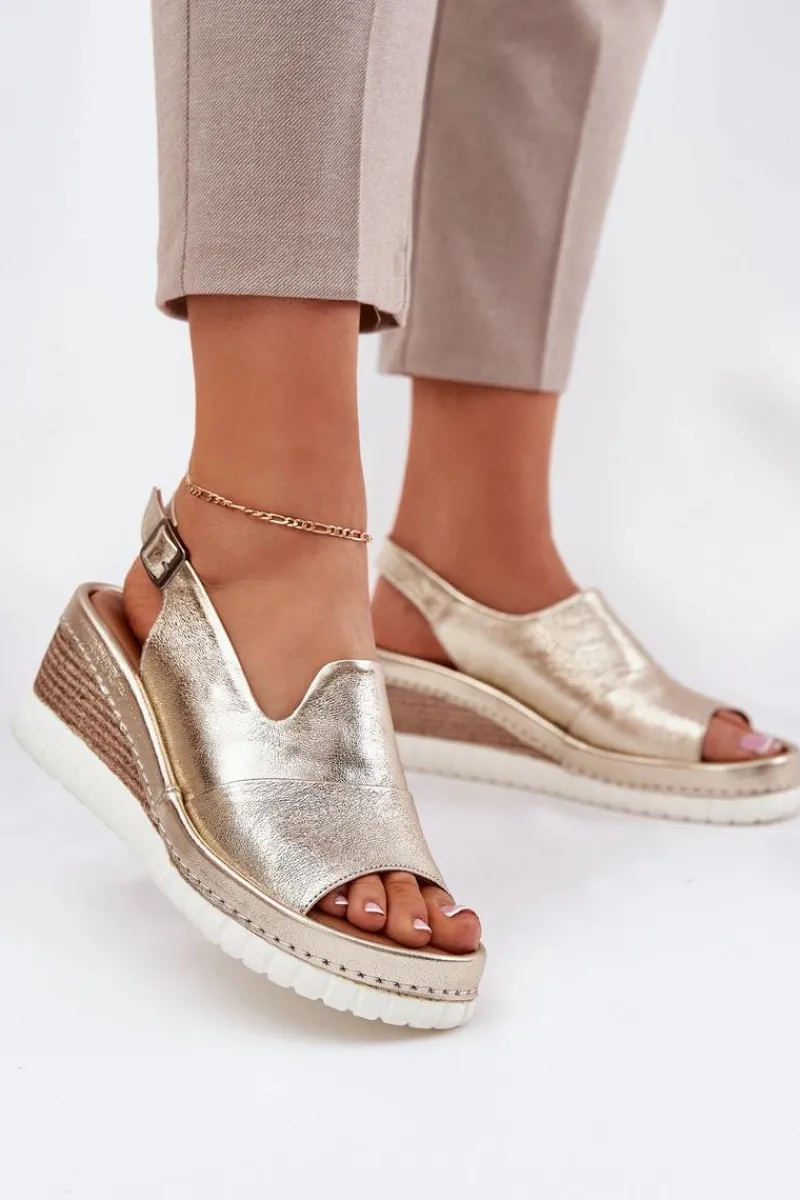 Sale Artiker Sandały Damskie Skórzane Na Koturnie 56C0920 Złote Złoty