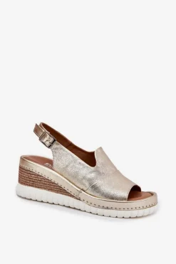 Sale Artiker Sandały Damskie Skórzane Na Koturnie 56C0920 Złote Złoty