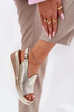 Sale Artiker Sandały Damskie Skórzane Na Koturnie 56C0920 Złote Złoty