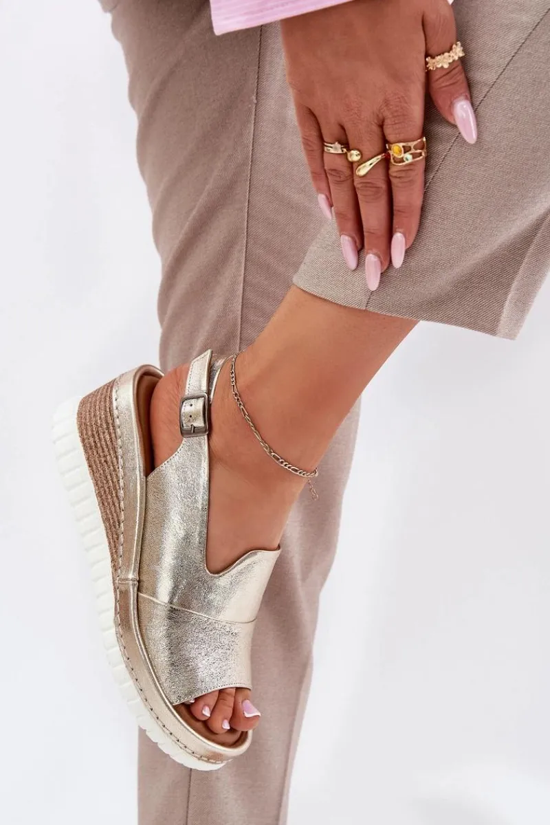 Sale Artiker Sandały Damskie Skórzane Na Koturnie 56C0920 Złote Złoty