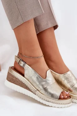 Sale Artiker Sandały Damskie Skórzane Na Koturnie 56C0920 Złote Złoty