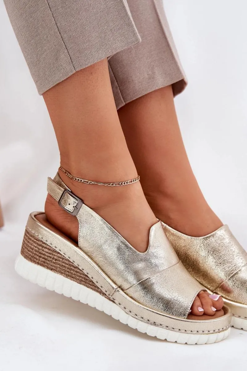 Sale Artiker Sandały Damskie Skórzane Na Koturnie 56C0920 Złote Złoty