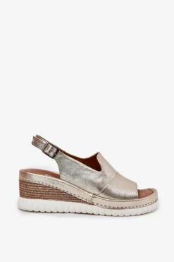 Sale Artiker Sandały Damskie Skórzane Na Koturnie 56C0920 Złote Złoty