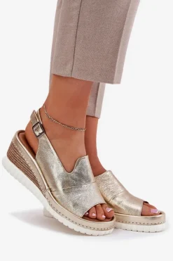 Sale Artiker Sandały Damskie Skórzane Na Koturnie 56C0920 Złote Złoty