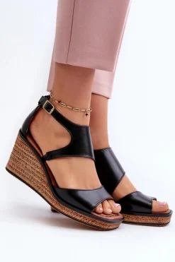 Discount Maciejka Sandały Damskie Skórzane Na Koturnie 06657-01 Czarne