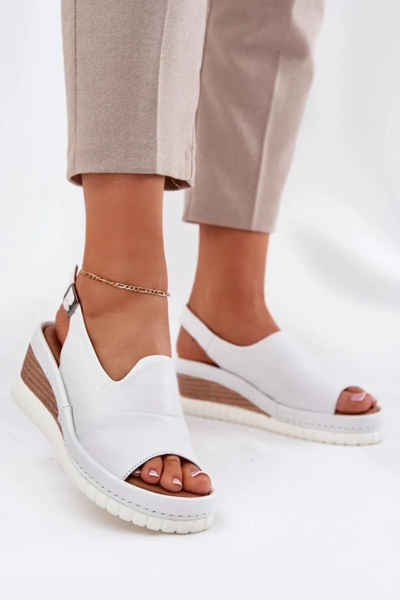 Sandały Damskie Skórzane Na Koturnie 56C0918 Białe Damskie Sandały Na Koturnie