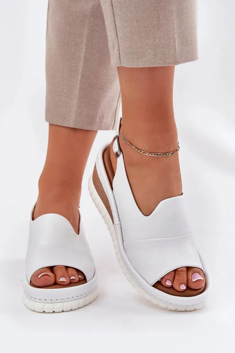 Sandały Damskie Skórzane Na Koturnie 56C0918 Białe Damskie Sandały Na Koturnie