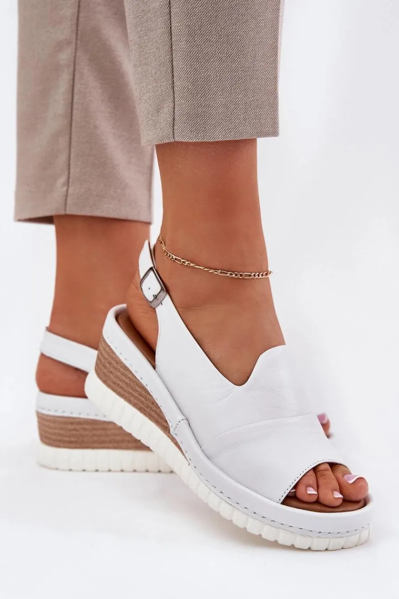 Sandały Damskie Skórzane Na Koturnie 56C0918 Białe Damskie Sandały Na Koturnie