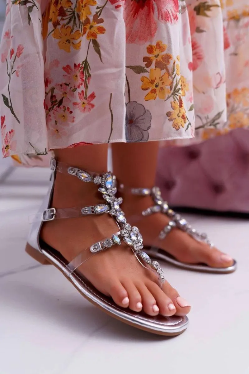 Sandały Płaskie>Boto Sandały Damskie Srebrne z Kryształkami Ywena