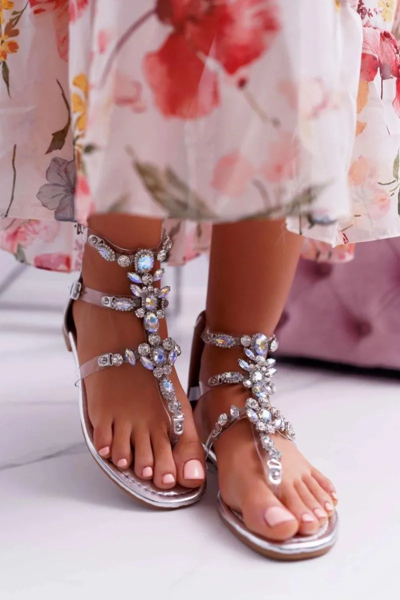 Sandały Płaskie>Boto Sandały Damskie Srebrne z Kryształkami Ywena