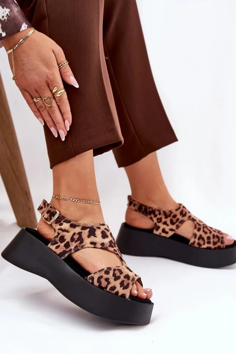 Sandały Płaskie>Boto Sandały Damskie W Panterkę Na Platformie Eko Zamszowe Brązowe Karonia Brązowy