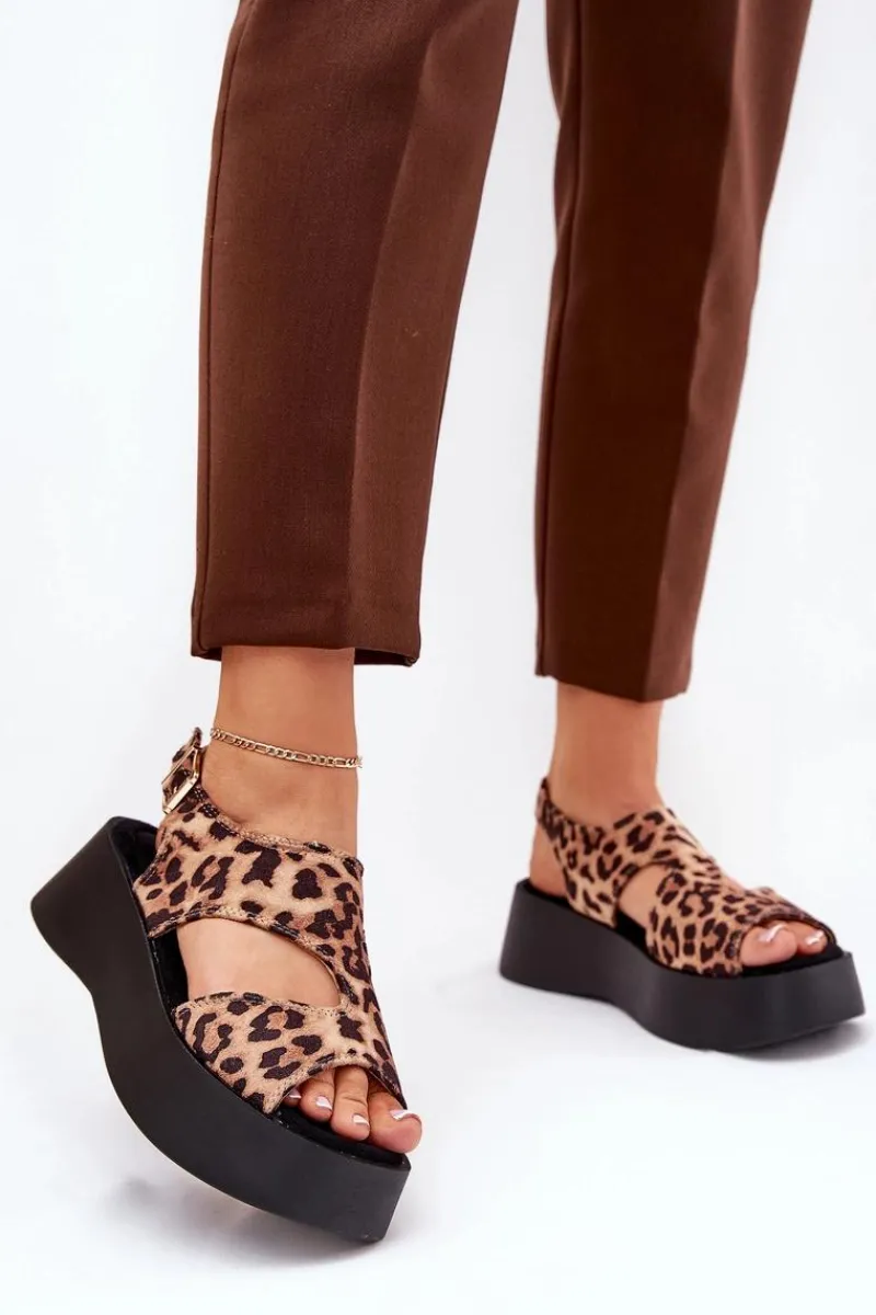 Sandały Płaskie>Boto Sandały Damskie W Panterkę Na Platformie Eko Zamszowe Brązowe Karonia Brązowy