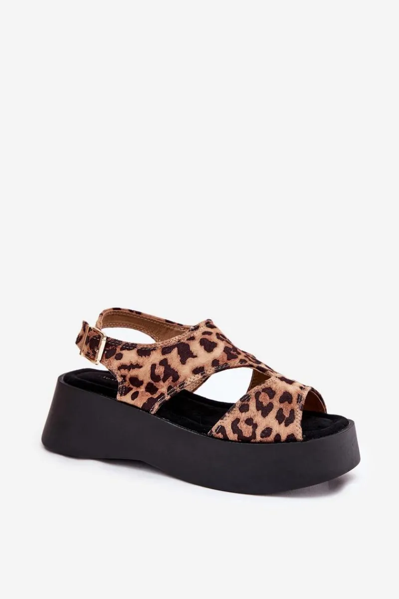 Sandały Płaskie>Boto Sandały Damskie W Panterkę Na Platformie Eko Zamszowe Brązowe Karonia Brązowy