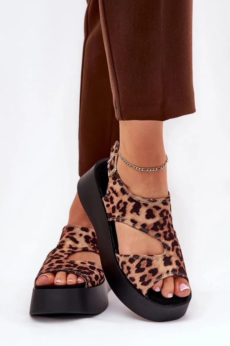 Sandały Płaskie>Boto Sandały Damskie W Panterkę Na Platformie Eko Zamszowe Brązowe Karonia Brązowy