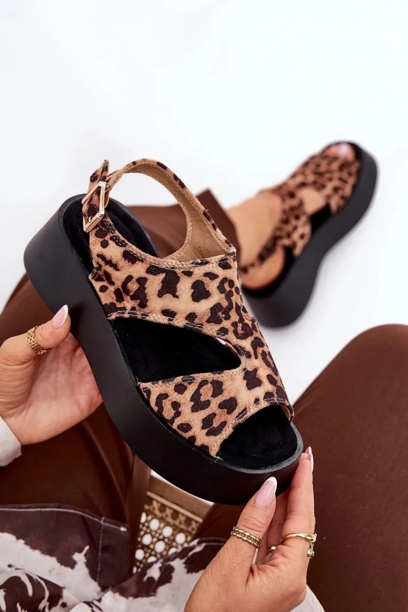 Sandały Płaskie>Boto Sandały Damskie W Panterkę Na Platformie Eko Zamszowe Brązowe Karonia Brązowy