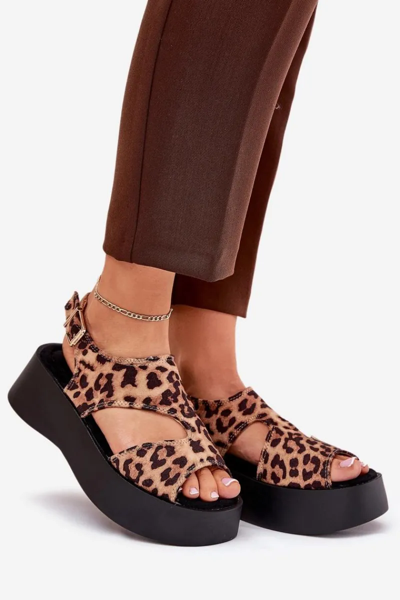 Sandały Płaskie>Boto Sandały Damskie W Panterkę Na Platformie Eko Zamszowe Brązowe Karonia Brązowy