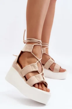 New Boto Sandały Damskie Wiązane Beżowe Helavi