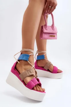 Sandały Damskie Wiązane Fuksja Helavi Damskie Sandały Na Koturnie