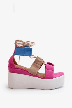 Sandały Damskie Wiązane Fuksja Helavi Damskie Sandały Na Koturnie