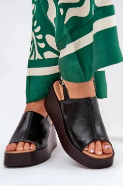 Boto Sandały Damskie Z Eko Skóry Na Platformie I Koturnie Czarne Leaniria