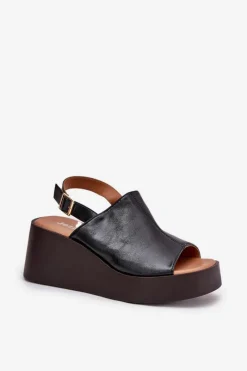 Boto Sandały Damskie Z Eko Skóry Na Platformie I Koturnie Czarne Leaniria