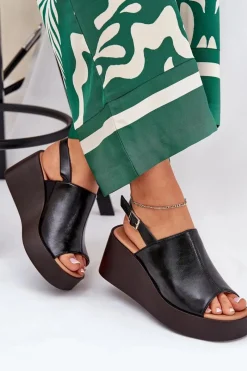 Boto Sandały Damskie Z Eko Skóry Na Platformie I Koturnie Czarne Leaniria