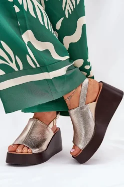 Hot Sandały Damskie Z Eko Skóry Na Platformie I Koturnie Złote Leaniria Damskie Sandały Z Cholewką|Sandały Na Koturnie