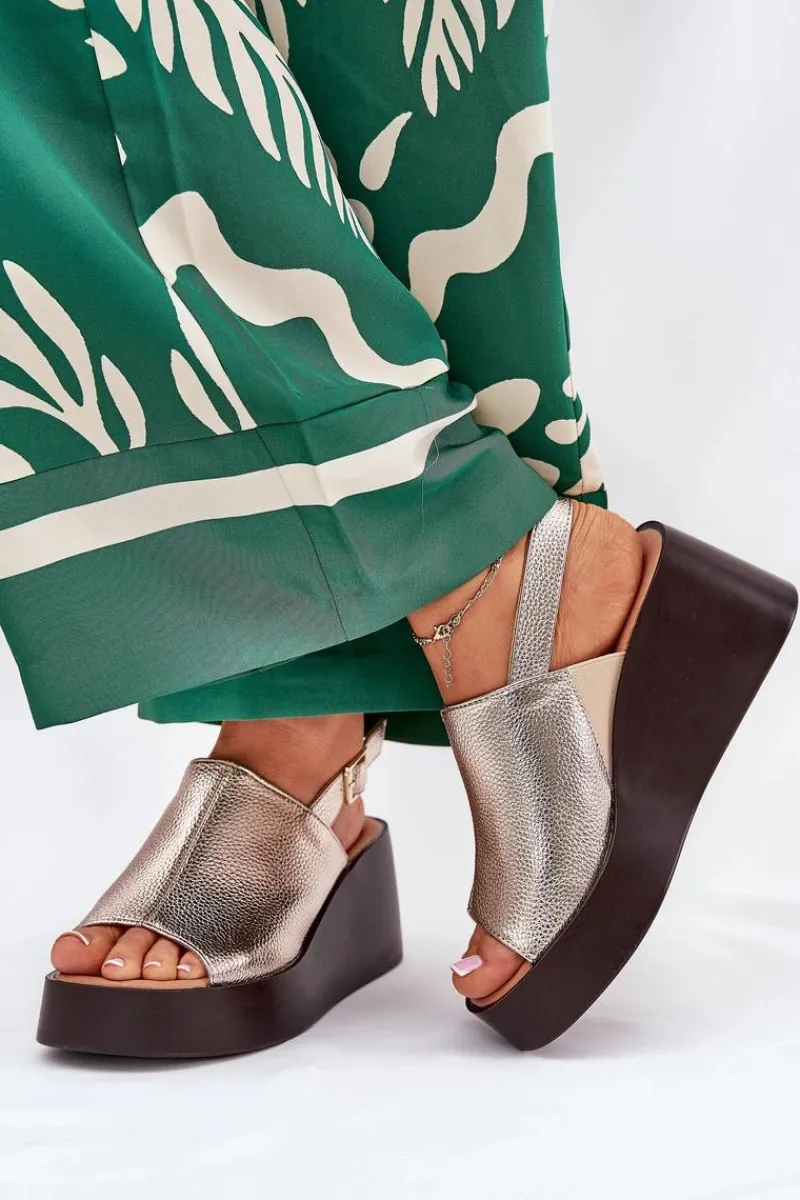 Hot Sandały Damskie Z Eko Skóry Na Platformie I Koturnie Złote Leaniria Damskie Sandały Z Cholewką|Sandały Na Koturnie