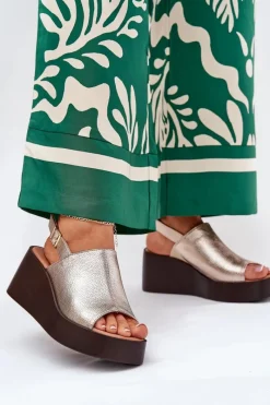 Hot Sandały Damskie Z Eko Skóry Na Platformie I Koturnie Złote Leaniria Damskie Sandały Z Cholewką|Sandały Na Koturnie