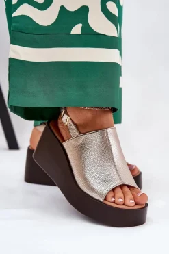 Hot Sandały Damskie Z Eko Skóry Na Platformie I Koturnie Złote Leaniria Damskie Sandały Z Cholewką|Sandały Na Koturnie