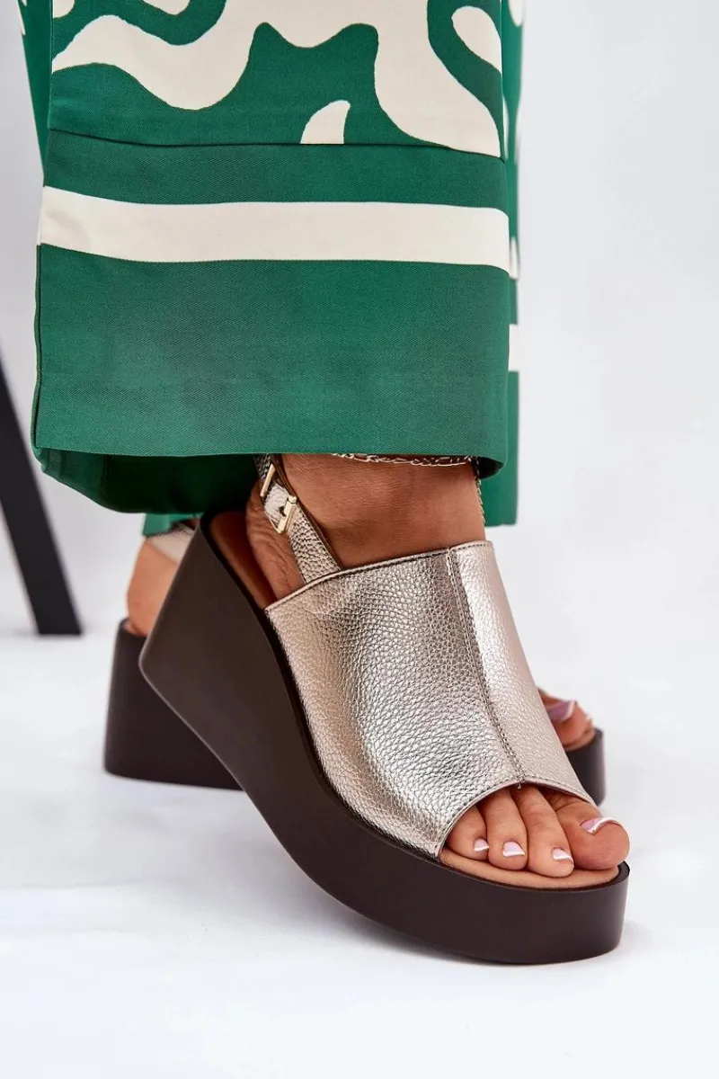 Hot Sandały Damskie Z Eko Skóry Na Platformie I Koturnie Złote Leaniria Damskie Sandały Z Cholewką|Sandały Na Koturnie