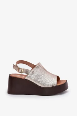 Hot Sandały Damskie Z Eko Skóry Na Platformie I Koturnie Złote Leaniria Damskie Sandały Z Cholewką|Sandały Na Koturnie