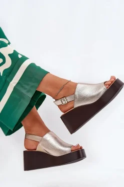 Hot Sandały Damskie Z Eko Skóry Na Platformie I Koturnie Złote Leaniria Damskie Sandały Z Cholewką|Sandały Na Koturnie