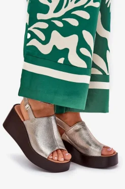 Hot Sandały Damskie Z Eko Skóry Na Platformie I Koturnie Złote Leaniria Damskie Sandały Z Cholewką|Sandały Na Koturnie