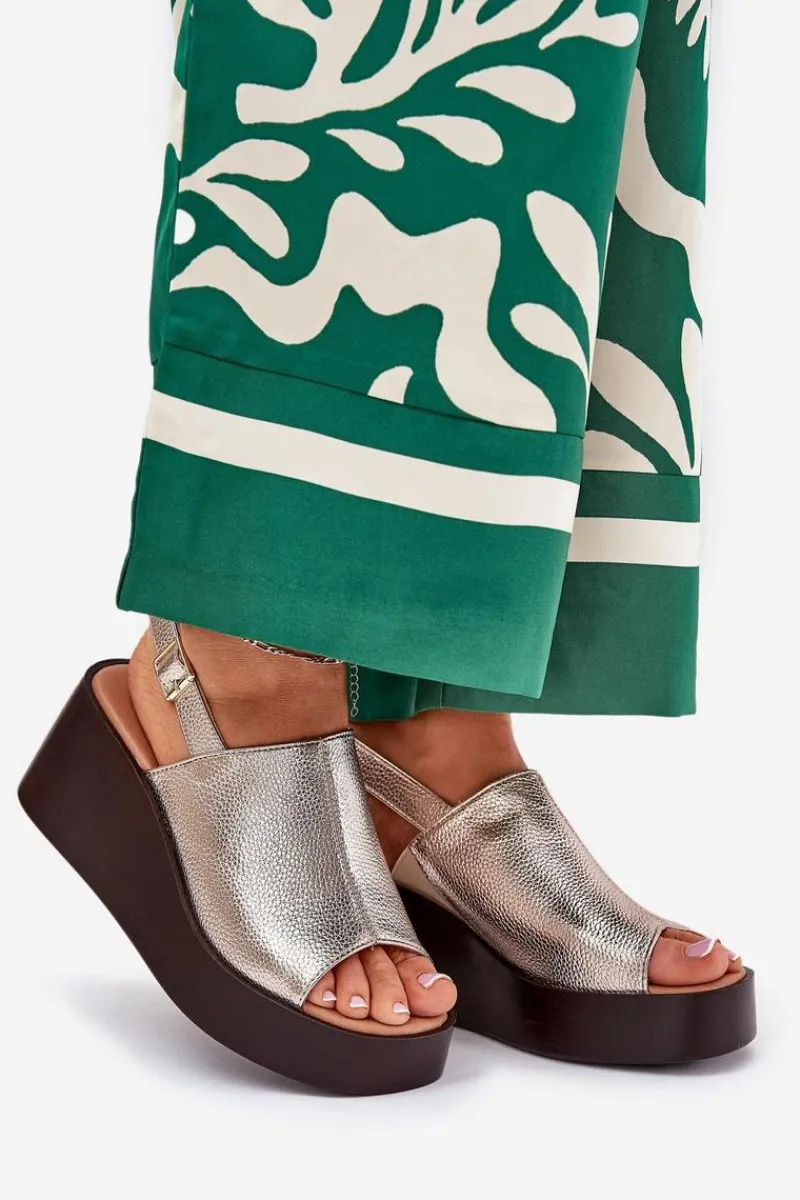 Hot Sandały Damskie Z Eko Skóry Na Platformie I Koturnie Złote Leaniria Damskie Sandały Z Cholewką|Sandały Na Koturnie